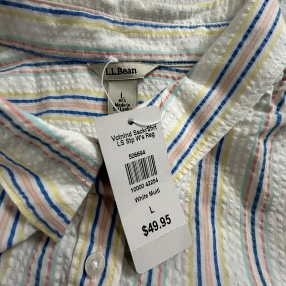 L.L. Bean Womens White Multi Striped Seersucker Button-Up Shirt Large Casual New - Picture 3 of 8